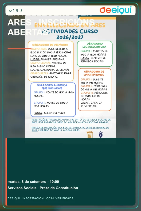 Cartel de Envellecendo en Ares · inscricións abertas
