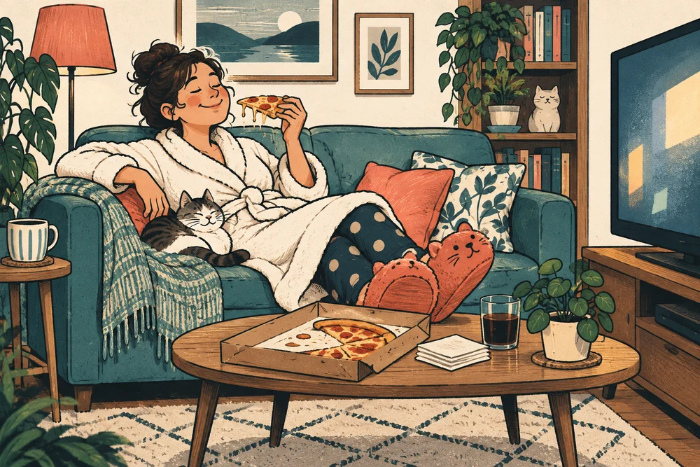 Viñeta dunha tarde de sofá, bata, zapatillas, televisión e pizza
