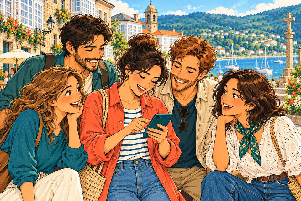 Ilustración de amigos e amigas rindo e escollendo un plan xuntos.